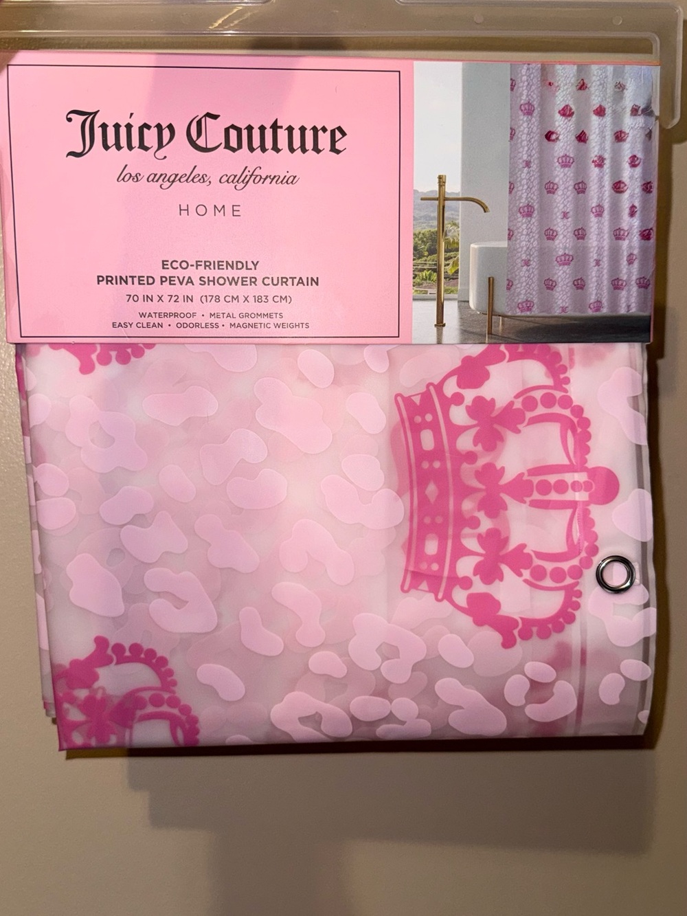 Juicy Couture pink shower curtain with white pink crown graphic #juicy #bathroom